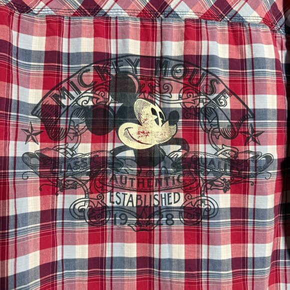 Disney Parks Plaid Pearl Snap Button Down Mickey Mouse Shirt Men's Size XL Red - Picture 1 of 9